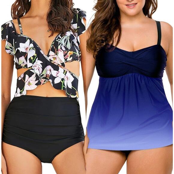 NWOT Amazon Bathing Suits Ruffle Off Shoulder Bikini & Swimdress Bundle Size L - Picture 1 of 6